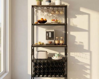 Industrial Bakers Rack | Wood Shelves, Metal Frame, Wine Storage, Bar Station