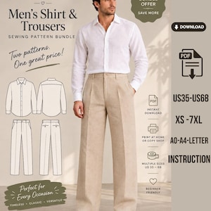 May include: A sewing pattern bundle for a shirt and trousers by Mirelle Pattern Studio. The image displays a white long-sleeve button-down shirt and beige trousers, with technical line drawings, text including US35-US68, XS-7XL, and PDF download icons.