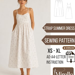May include: A woman wearing a white floral print strap summer dress with pockets. The image includes a sewing pattern graphic, the text "STRAP SUMMER DRESS", "SEWING PATTERN", "XS-XL", "A0-A4-LETTER INSTRUCTION", and the Mirelle Pattern Studio logo.