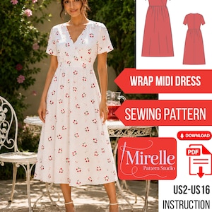 May include: A white midi wrap dress with a red cherry print, short sleeves, and a V-neckline. The image includes a digital sewing pattern for a wrap midi dress, Mirelle Pattern Studio branding, and text indicating US sizes 2-16, PDF download, and A0-A4-Letter format.