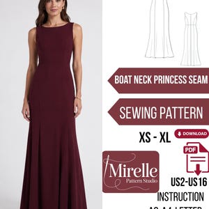 Princesse couture robe de cou bateau pdf, modèle de robe de soirée pleine longueur