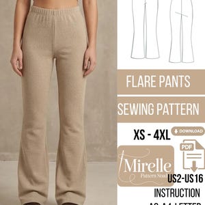 May include: Tan flare pants and matching crop top. The image also includes a sewing pattern with the text "FLARE PANTS SEWING PATTERN XS-4XL" and the Mirelle Pattern Studio logo. The pattern includes instructions and is available in sizes US2-US16.