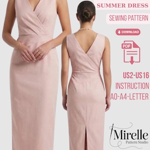 Peut inclure: Un patron de couture numérique pour une robe midi sans manches rose clair avec un décolleté croisé. L'image montre les vues avant et arrière de la robe, avec du texte indiquant les tailles US 2-16, le format PDF et les tailles de papier A0-A4-Letter.