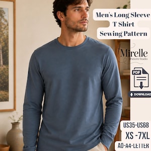 Könnte beinhalten: Ein Langarm-T-Shirt-Schnittmuster von Mirelle Pattern Studio. Der digitale PDF-Download enthält Anleitungen für die Größen XS-7XL, US35-US68 sowie die Formate A0, A4 und Letter. Die Grafik zeigt ein blaues Langarm-T-Shirt an einer Person.