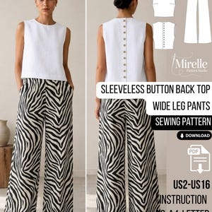 Peut inclure: Un patron de couture pour un haut blanc sans manches avec un dos boutonné et un pantalon large à motif zèbre noir et blanc. Le texte indique SLEEVELESS BUTTON BACK TOP, WIDE LEG PANTS, SEWING PATTERN, DOWNLOAD, PDF, US2-US16, INSTRUCTION, A0-A4-LETTER.