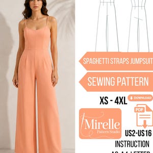 May include: A peach-colored spaghetti strap jumpsuit. The image includes a sewing pattern diagram and text that reads "SPAGHETTI STRAPS JUMPSUIT", "SEWING PATTERN", "XS - 4XL", and "Mirelle Pattern Studio". The pattern includes instructions and is available in sizes US2-US16.