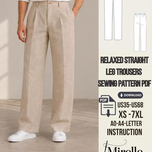 Può includere: Pantaloni beige con gamba dritta e vestibilità rilassata, dotati di cintura con chiusura a bottone e pieghe frontali. L'immagine include il testo: RELAXED STRAIGHT LEG TROUSERS SEWING PATTERN PDF, DOWNLOAD, US35-US68, XS-7XL, A0-A4-LETTER INSTRUCTION, Mirelle Pattern Studio.