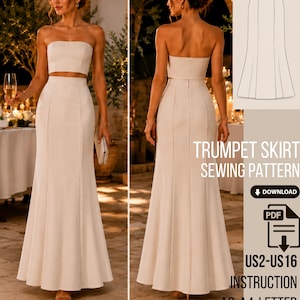 May include: A trumpet skirt sewing pattern featuring a floor-length, high-waisted design with vertical seams. The digital file includes instructions for US sizes 2-16, available for download in PDF format for A0, A4, and letter-sized paper printing.