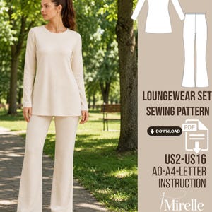 Può includere: Un cartamodello per completo loungewear beige composto da una maglia a maniche lunghe e pantaloni a zampa. Il file digitale include istruzioni per le taglie US2-US16 in formati A0, A4 e letter. Il testo recita: LOUNGEWEAR SET SEWING PATTERN.