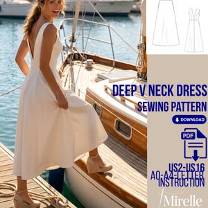 May include: A digital sewing pattern for a deep V-neck dress, featuring a line drawing of the garment, PDF download icon, and text reading DEEP V NECK DRESS SEWING PATTERN, US2-US16, A0-A4-LETTER INSTRUCTION, and Mirelle Pattern Studio.