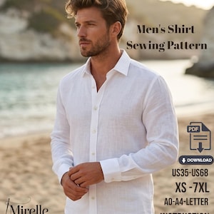 May include: A white long-sleeve button-down shirt sewing pattern. Text includes Men's Shirt Sewing Pattern, PDF, Download, US35-US68, XS-7XL, A0-A4-Letter, Instruction, and Mirelle Pattern Studio. The shirt features a collar and cuffs.