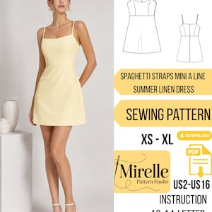 May include: A woman wearing a pale yellow spaghetti strap mini A-line summer linen dress. The image includes a sewing pattern with the text "SPAGHETTI STRAPS MINI A LINE SUMMER LINEN DRESS" and "SEWING PATTERN". The pattern sizes range from XS to XL.