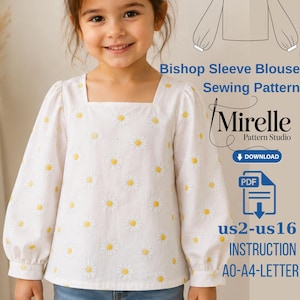 Könnte beinhalten: Eine weiße Bluse mit gelb-weißem Gänseblümchenmuster, langen Bischofsärmeln und einem quadratischen Ausschnitt. Der Text lautet Bishop Sleeve Blouse Sewing Pattern, Mirelle Pattern Studio, DOWNLOAD, PDF, us2-us16, INSTRUCTION, AO-A4-LETTER.