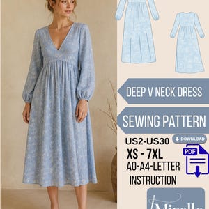 Puede incluir: Vestido azul claro de manga larga con escote en V profundo y estampado floral. La imagen también muestra un patrón de costura con el texto "DEEP V NECK DRESS" y "SEWING PATTERN". El patrón incluye tallas XS-7XL.