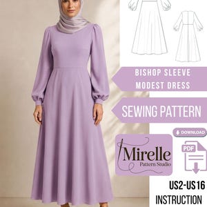 May include: A lavender long-sleeved dress with bishop sleeves and a round neckline. The image includes a technical line drawing of the dress, text reading Bishop Sleeve Modest Dress Sewing Pattern, Mirelle Pattern Studio, and US2-US16.
