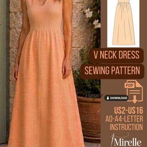 May include: A peach-colored sleeveless maxi dress with a V-neckline and a gathered waist. The image includes a digital sewing pattern illustration, text reading V NECK DRESS SEWING PATTERN, PDF DOWNLOAD, US2-US16, A0-A4-LETTER INSTRUCTION, and Mirelle Pattern Studio.