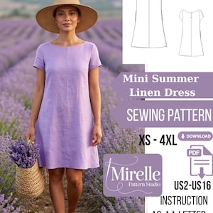 May include: A woman wearing a lavender linen mini dress and a straw hat, holding a basket of lavender flowers. The image includes a sewing pattern for a mini summer linen dress, sizes XS-4XL, with the text "Mini Summer Linen Dress Sewing Pattern".