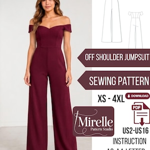 Könnte beinhalten: Ein bordeauxfarbener schulterfreier Jumpsuit. Das Bild zeigt eine Frau, die den Jumpsuit trägt, mit einer Schnittmusterzeichnung und dem Text "OFF SHOULDER JUMPSUIT", "SEWING PATTERN" und "XS - 4XL". Das Muster stammt von Mirelle Pattern Studio.