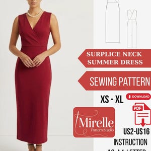 May include: A sleeveless, floor-length, deep red dress with a surplice neckline. The image includes a sewing pattern diagram, the text SURPLICE NECK SUMMER DRESS, SEWING PATTERN, XS-XL, DOWNLOAD, PDF, Mirelle Pattern Studio, US2-US16, INSTRUCTION, A0-A4-LETTER.