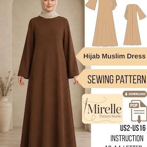 May include: A brown floor-length dress with long flared sleeves and a round neckline. The image includes text: Hijab Muslim Dress, SEWING PATTERN, Mirelle Pattern Studio, DOWNLOAD, PDF, US2-US16 INSTRUCTION, A0-A4-LETTER, and a technical sketch.