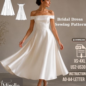 Puede incluir: Un patrón de costura digital para un vestido de novia blanco con hombros descubiertos, corpiño ajustado y falda midi acampanada. La imagen incluye dibujos técnicos, el texto Bridal Dress Sewing Pattern, PDF, XS-4XL, US2-US30 y A0-A4-LETTER.