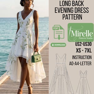 May include: A white evening dress with a green floral print, featuring a short front and long back hemline, sleeveless bodice, and V-neckline. The text reads: SHORT FRONT LONG BACK EVENING DRESS PATTERN, Mirelle Pattern Studio, US2-US30, XS-7XL, INSTRUCTION, A0-A4-LETTER.