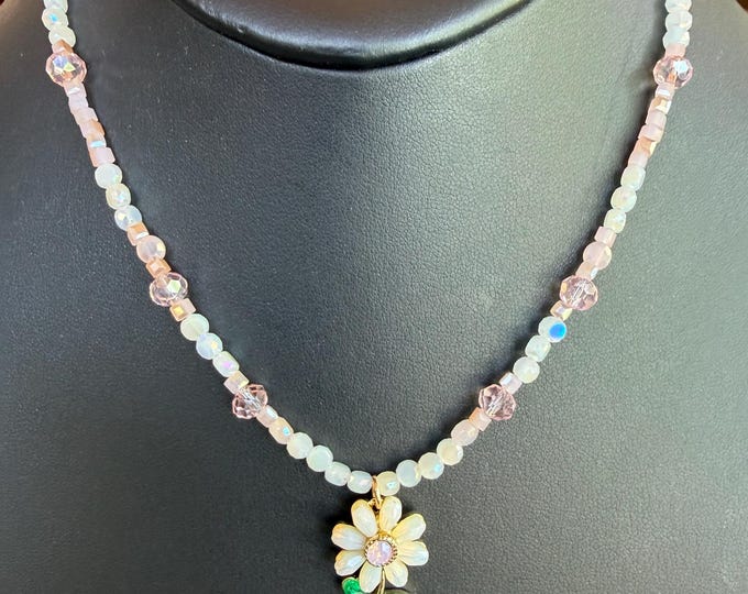 Featured listing image: Beaded Daisy Pendant Necklace with Rose Quartz and Glass Chain