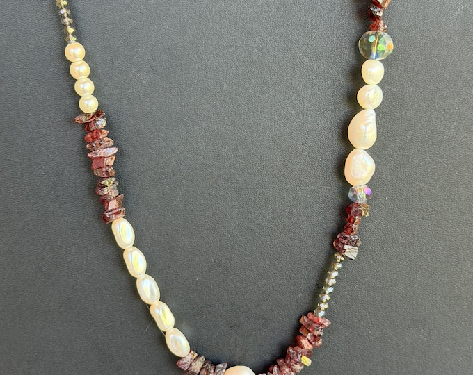 Featured listing image: Multi-Gemstone Necklace – Freshwater Pearls, Raw Garnet & Ametrine; Vintage inspired