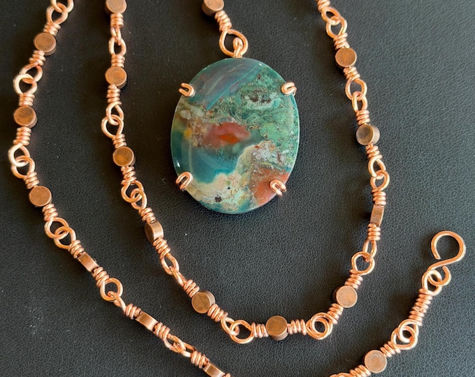 Featured listing image: Multicolor Opalized Petrified Wood Pendant on copper link chain