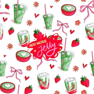 Op de afbeelding: Een herhalend patroon met illustraties van groene ijsdrankjes in doorzichtige bekers met roze rietjes, rode aardbeien, roze strikken, kleine oranje bloemen, rode hartjes en kommen met groene matcha. Tekst: ADD MORE JELLY.
