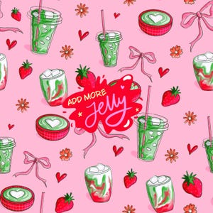 May include: A repeating pattern on a pink background featuring illustrations of iced green drinks in clear cups with straws, red strawberries, pink bows, orange flowers, small red hearts, and bowls of green matcha with white heart foam art.