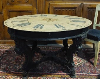Mesa de centro redonda con forma de reloj antiguo, mesa de salón de estilo antiguo con cuerpo tallado a mano, mesa rústica de madera con números romanos.