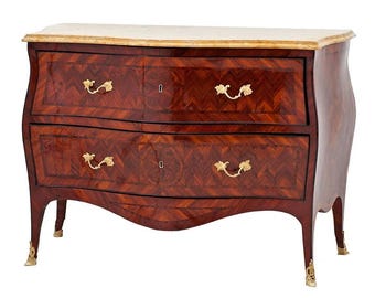 Cómoda antigua francesa estilo bombé con marquetería y tapa de mármol, cómoda de lujo estilo Luis XV, mueble de almacenamiento vintage para dormitorio.