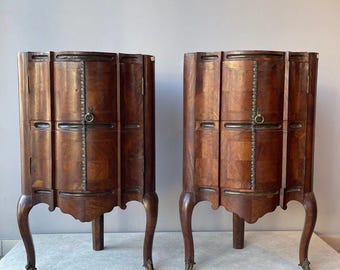 Antique Style Marquetry Corner Cabinet   French Style Vintage Nightstand with Marble Top   Luxury Handmade Wooden Decorative Side Table