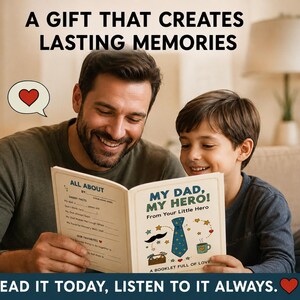 Könnte beinhalten: Ein Heft mit dem Titel My Dad, My Hero! From Your Little Hero mit Lückentexten, Illustrationen einer blauen Krawatte, eines schwarzen Schnurrbarts, einer Kaffeetasse und Werkzeugen. Der Text lautet A GIFT THAT CREATES LASTING MEMORIES und READ IT TODAY, LISTEN TO IT ALWAYS.