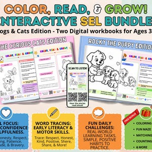 Interactive SEL Workbook Bundle | Dogs & Cats Audio Stories, Coloring, Tracing (Digital Download)
