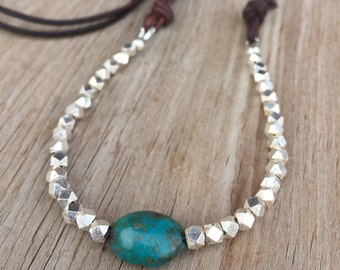 Genuine . Sterling Silver . Arizona Turquoise . Brown Leather . Adjustable . Necklace