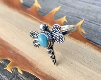 Genuine . Dominican Republic . Caribbean . Blue Larimar . Dragonfly . Sterling Silver . Ring . Size 8