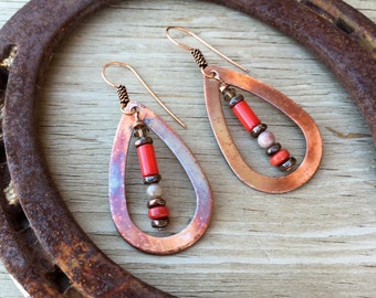 Rustic . Antiqued Copper . Red Coral . Jasper . Earrings