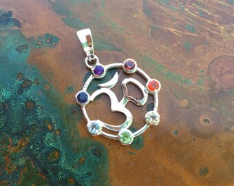 Chakra . Om Symbol . Healing . Yoga . Gemstone . Sterling Silver . Pendant . Heavy Rolo Chain (Optional) . Necklace