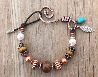 Genuine . Vintage Beads . Copper Beads . Pearls . Tiger Eye . Turquoise . Charm . Leather . Bracelet