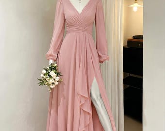 Long Sleeve Chiffon Bridesmaid Dress, A-Line V Neck Slit Long Dress, Lace Up Back Elegant Wedding Guest Prom Evening Gown