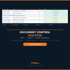 Puede incluir: Un registro digital de control de documentos con un fondo azul oscuro. El registro incluye una tabla con detalles del documento, estado y números de revisión. El texto "DOCUMENT CONTROL REGISTER" se muestra, junto con "INSTANT DOWNLOAD".