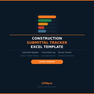 May include: Dark blue graphic with the text "CONSTRUCTION SUBMITTAL TRACKER EXCEL TEMPLATE". The image includes a bar graph icon with orange, green, yellow, red, and blue bars. Additional text includes "Submittal Register", "Instant Download", and "CPMpro".