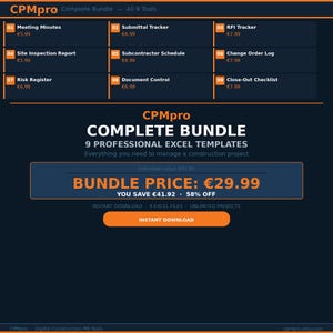 Könnte beinhalten: Dunkelblaue Grafik mit dem Text "CPMpro COMPLETE BUNDLE" und einer Liste von 9 professionellen Excel-Vorlagen für das Bauprojektmanagement. Der Paketpreis beträgt 29,99 €.