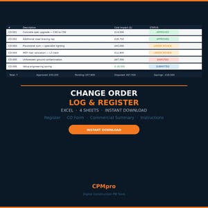 Könnte beinhalten: Digitales Dokument "Change Order Log & Register" mit dunkelblauem Hintergrund. Enthält eine Tabelle mit Beschreibungen, Kosten und Status. Der Text "Instant Download" ist prominent.