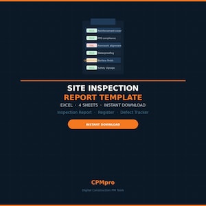 May include: A digital template for site inspection reports. The design features a dark blue background with orange and white text. Key elements include a checklist with pass/fail indicators and the text "SITE INSPECTION REPORT TEMPLATE".