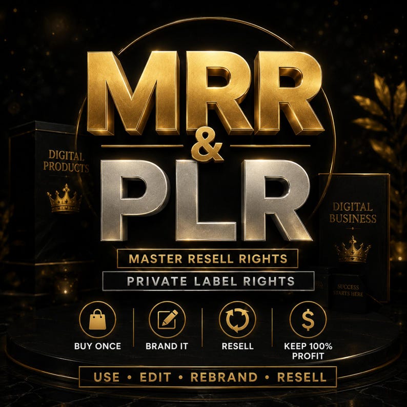 May include: A digital marketing graphic with the text "MRR & PLR" in gold and silver. The graphic includes the phrases "Master Resell Rights" and "Private Label Rights", along with icons and text indicating the steps: Buy Once, Brand It, Resell, and Keep 100% Profit.