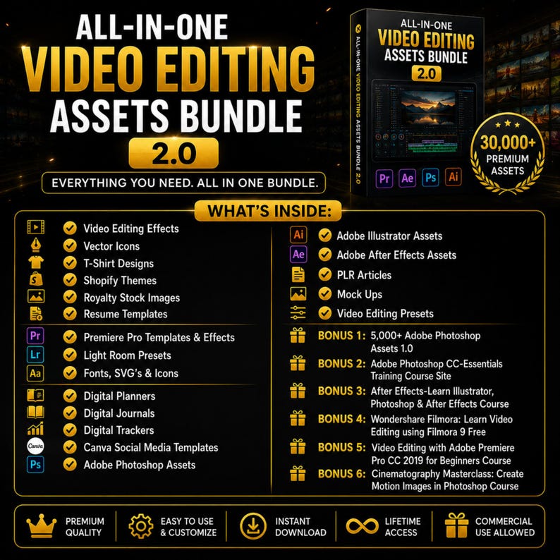 May include: A digital video editing assets bundle, labelled "ALL-IN-ONE VIDEO EDITING ASSETS BUNDLE 2.0". It includes video effects, templates, and assets for Adobe Photoshop, Premiere Pro, etc. The bundle promises over 30,000 premium assets for video editing.