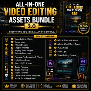 May include: An advertisement for a video editing assets bundle. The image displays the text "ALL-IN-ONE VIDEO EDITING ASSETS BUNDLE 2.0" in gold. The bundle includes video editing effects, vector icons, T-shirt designs, and other digital assets. A computer screen with video editing software is also shown.